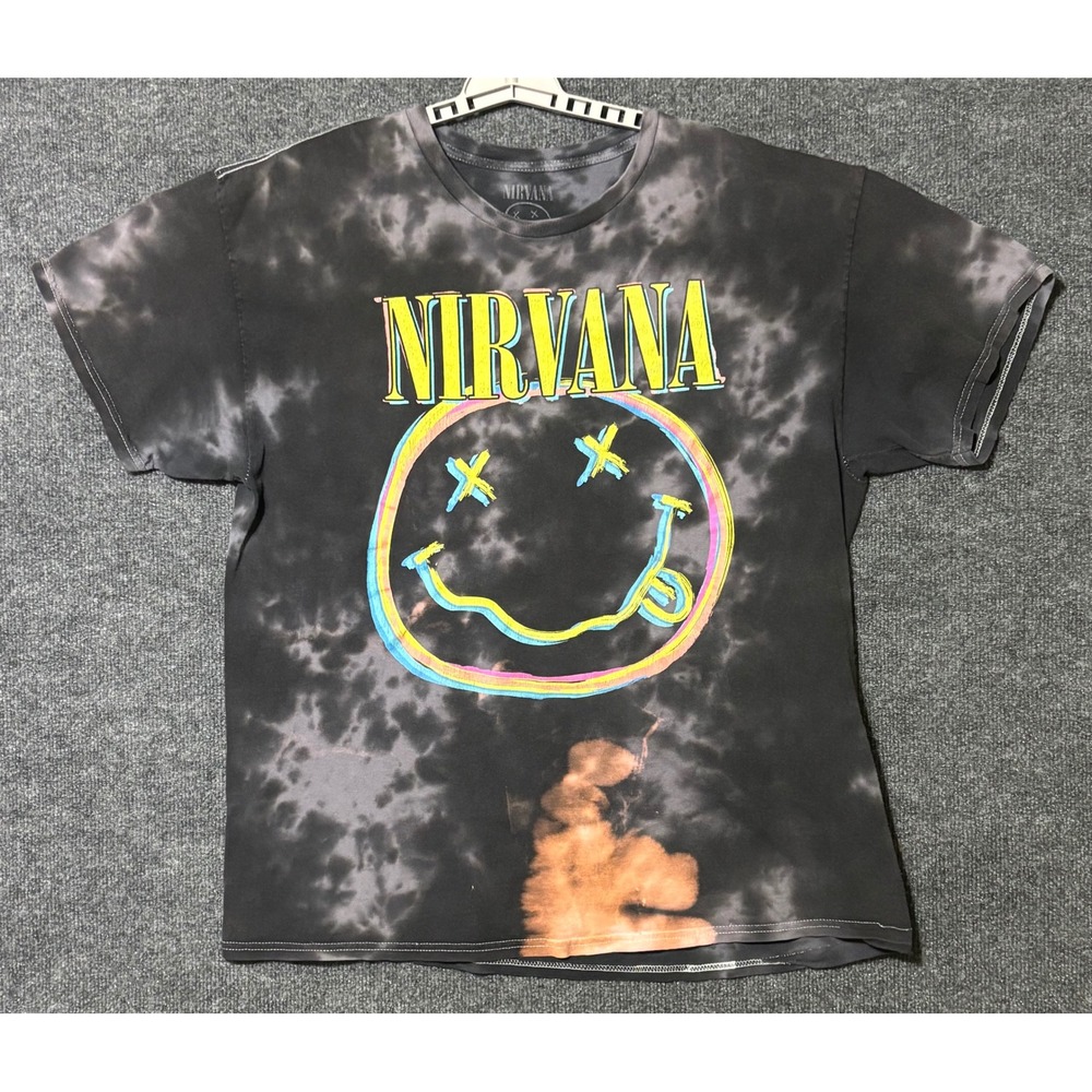 Nirvana Smiley Face Tie Dye‎ Bleached T Shirt Mens Large